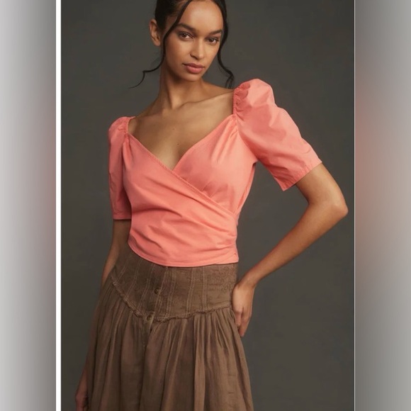 Anthropologie Tops - Anthropologie Coral Puff-Sleeve Wrap Top